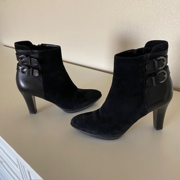 Aquatalia by Marvin K Black Leather Suede Ankle Boots Buckle 3" Heel Women's 6B - Picture 1 of 13